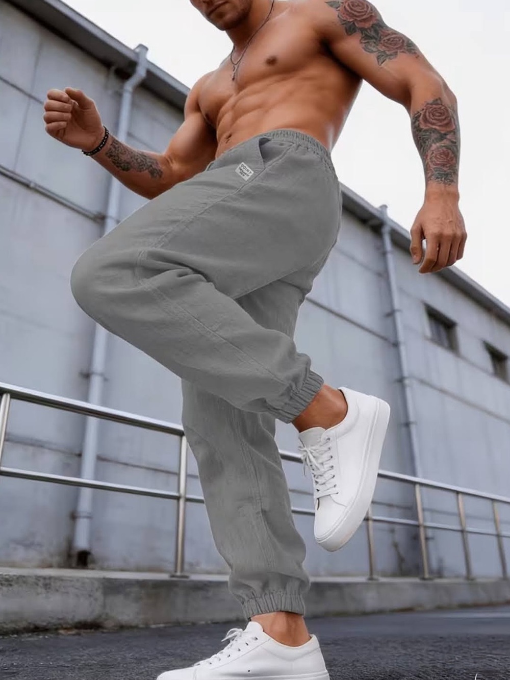 1-Men's Gray Elastic Cuffed Linen Jogger.